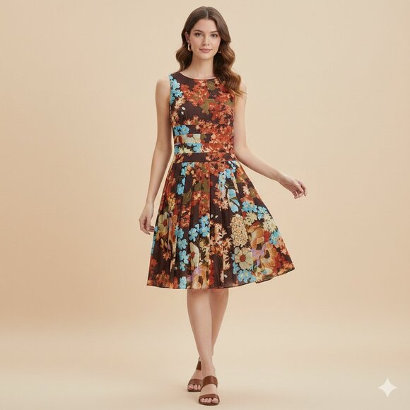 Kay Unger Dresses & Skirts - Kay Unger Women's Floral Brown Silk Wool Blend 2 Pleated Midi A-Line Dress GUC